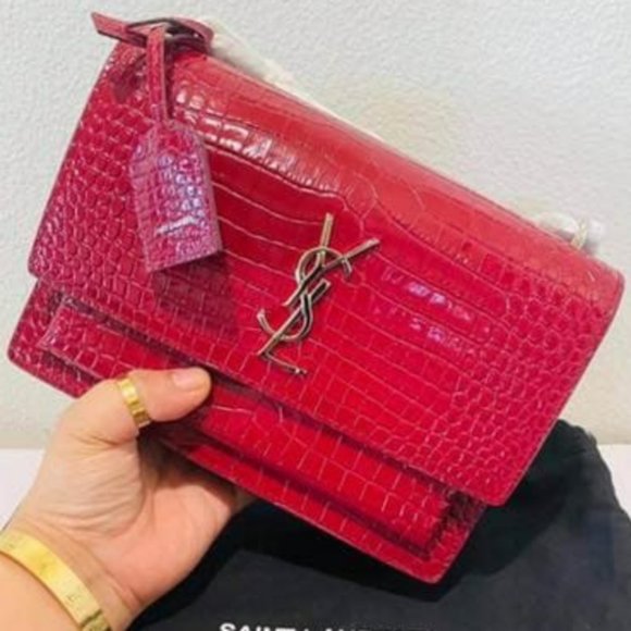 New YSL SUNSETMedium Red Croc black Crossbody Bag - Picture 3 of 14